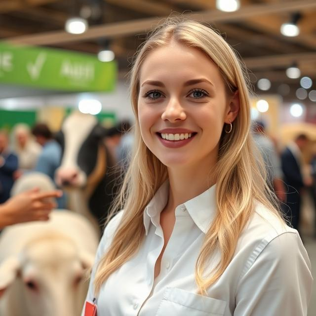 young female smiling blond interpreter in white at agricultural trade show booth
